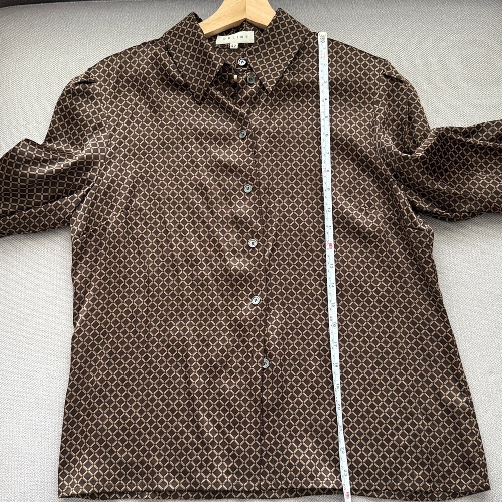 Vintage Celine Silk Tan Brown Patterned Button Down Shirt, Size 42 , US 10 - Picture 7 of 16